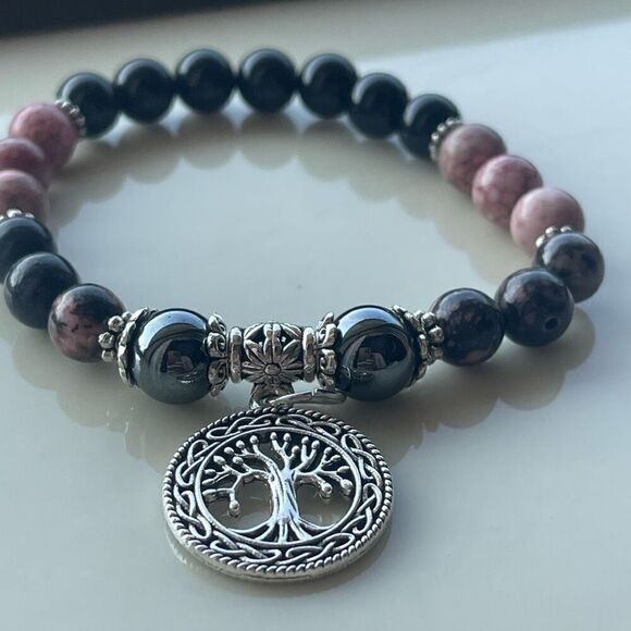 Rose coral jasper rhodonite hematite obsidian tree of life ONE NEW stretch brace - Picture 14 of 16